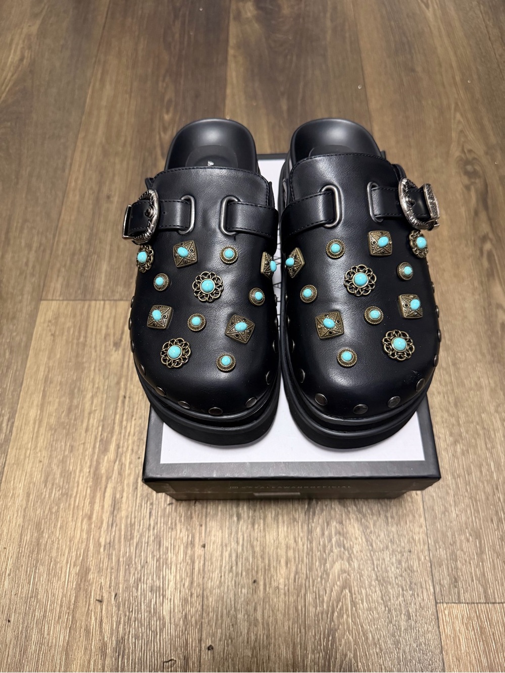 Black Embellished Leather Mule Clogs with Turquoise Accents by Azalea Wang